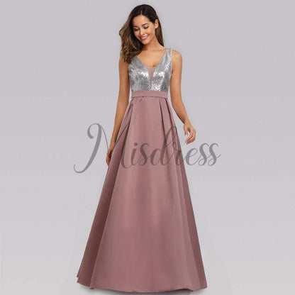 V Neck Sequin Satin Wedding Bridesmaid Evening Prom Dress - 2 / Dusty Pink - Prom Dresses