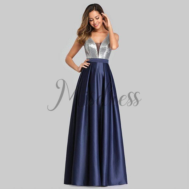 V Neck Sequin Satin Wedding Bridesmaid Evening Prom Dress - 2 / Navy Blue - Prom Dresses