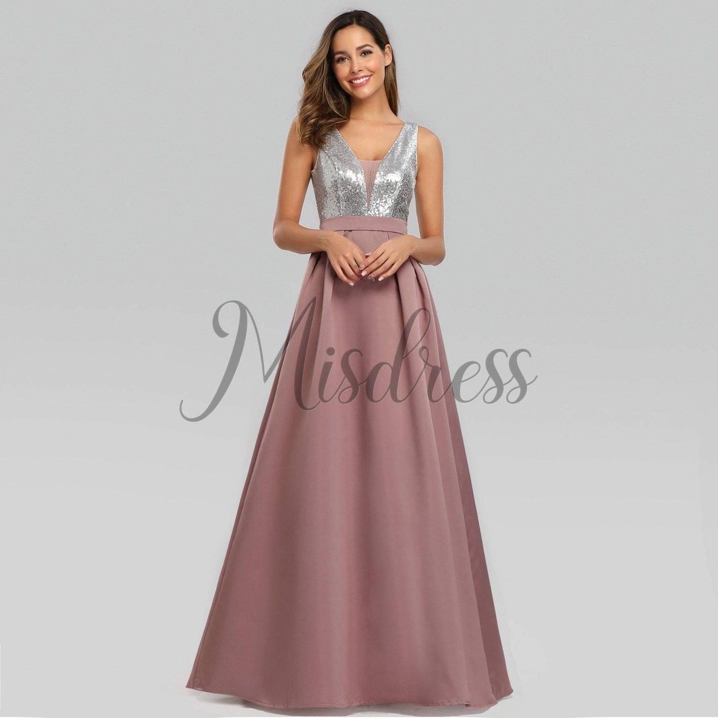 V Neck Sequin Satin Wedding Bridesmaid Evening Prom Dress - Prom Dresses