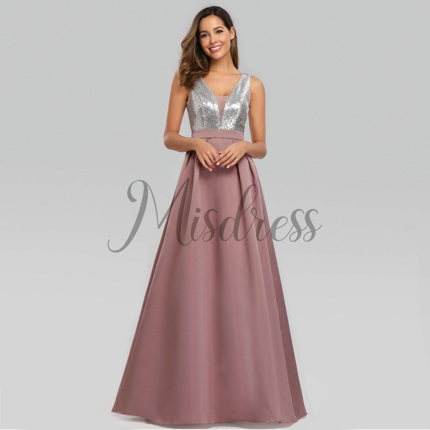 V Neck Sequin Satin Wedding Bridesmaid Evening Prom Dress - Prom Dresses