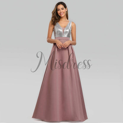 V Neck Sequin Satin Wedding Bridesmaid Evening Prom Dress - Prom Dresses
