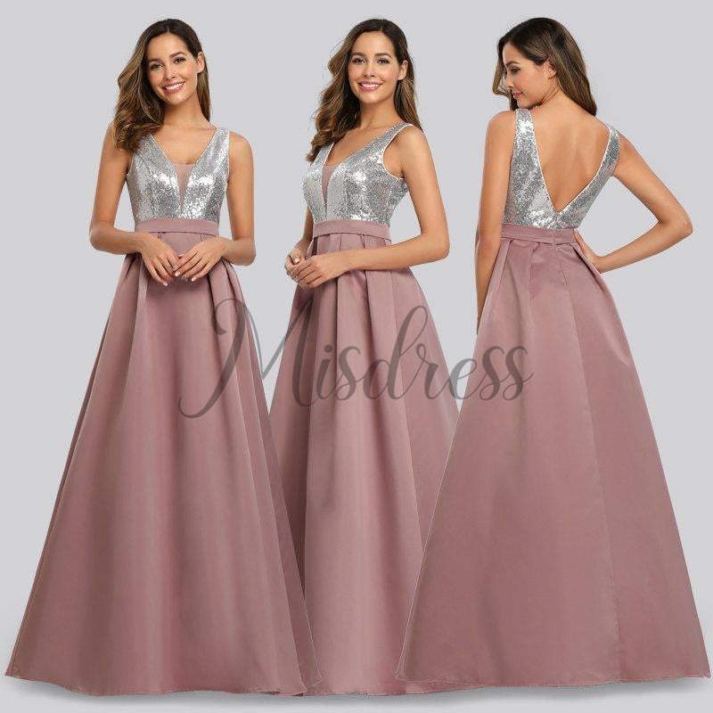 V Neck Sequin Satin Wedding Bridesmaid Evening Prom Dress - Prom Dresses
