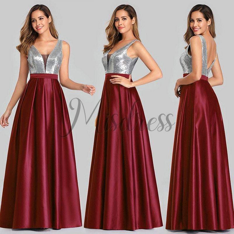 V Neck Sequin Satin Wedding Bridesmaid Evening Prom Dress - Prom Dresses