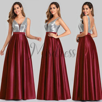 V Neck Sequin Satin Wedding Bridesmaid Evening Prom Dress - Prom Dresses