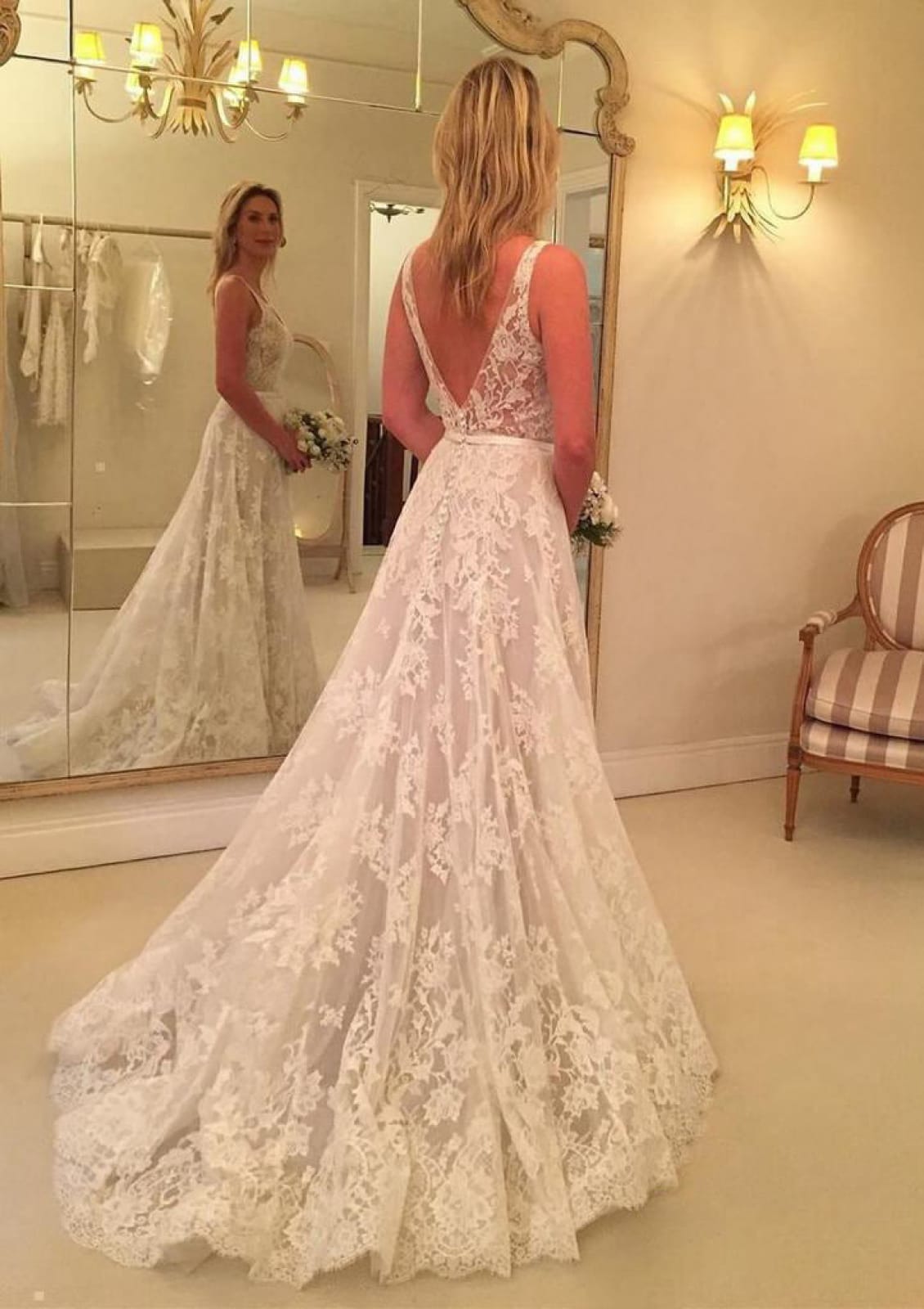 A-line V Neck Sleeveless Court Train Lace Wedding Dress 