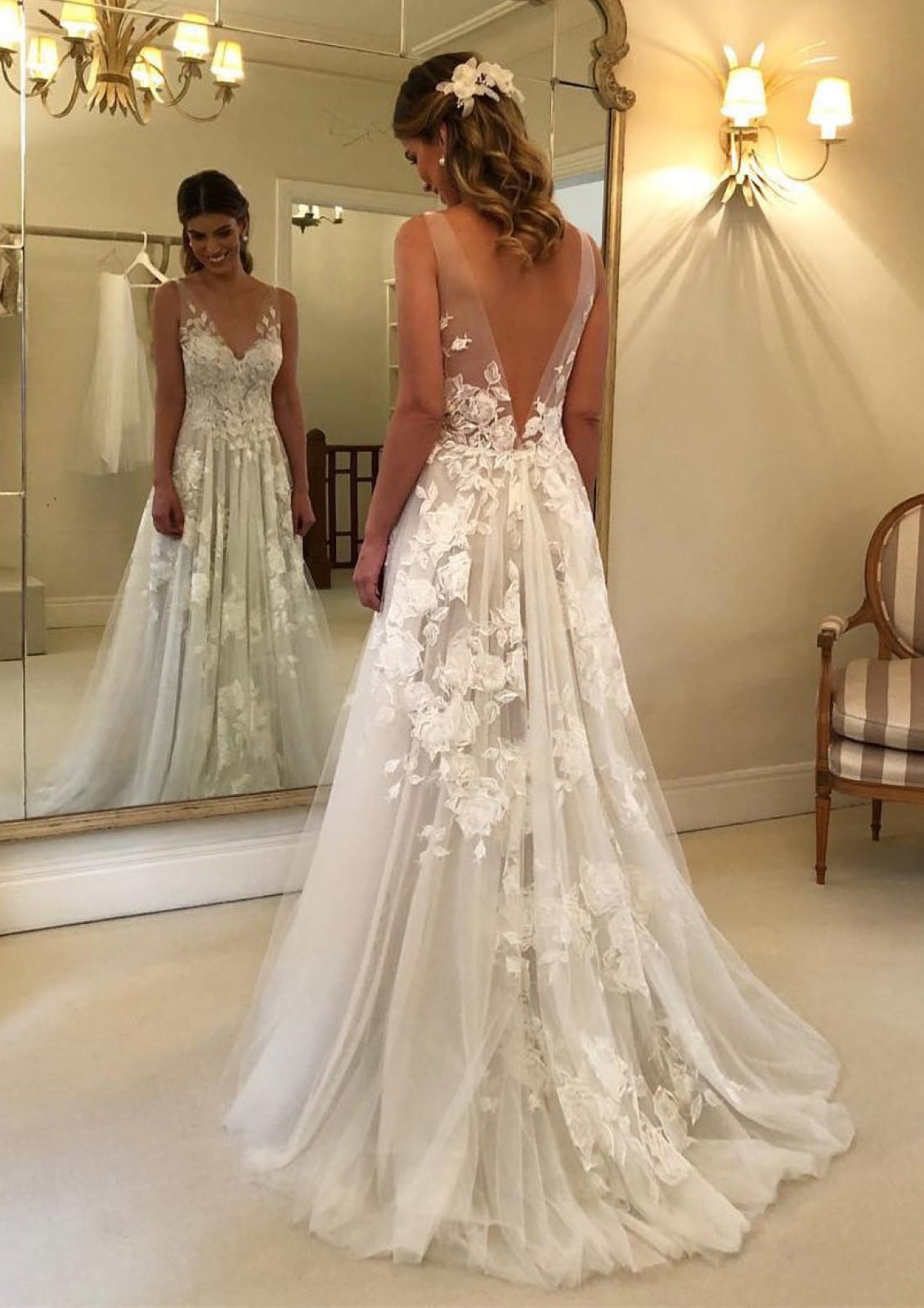 deep v backless wedding dress A-line Neck Sleeveless V Back Lace Tulle this dress will make Size:US 2 Fashion Light Sky Blue vintage wedding dress