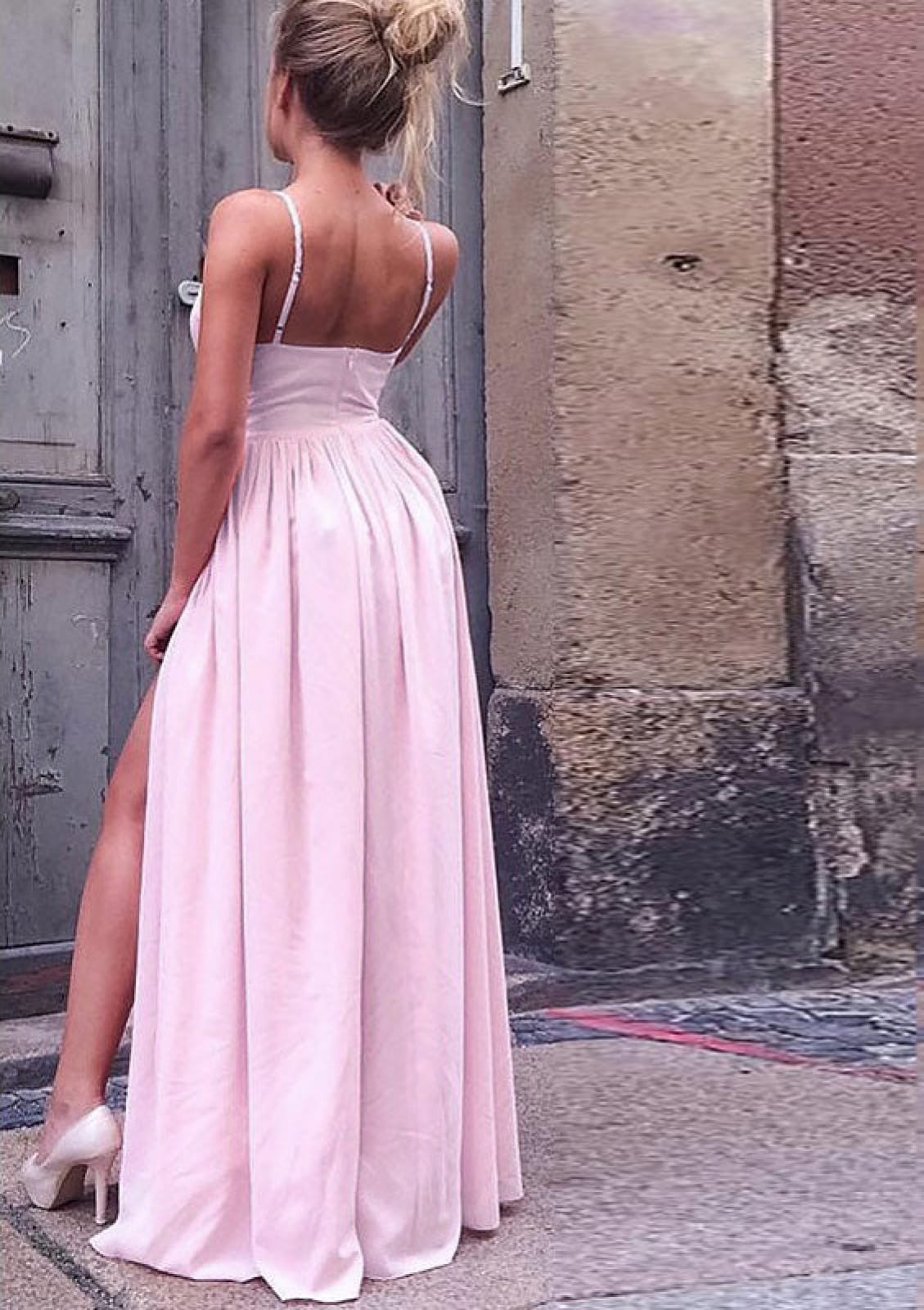 A-line V-neck Spaghetti Strap Sleeveless Open Back Long 