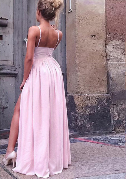 A-line V-neck Spaghetti Strap Sleeveless Open Back Long 