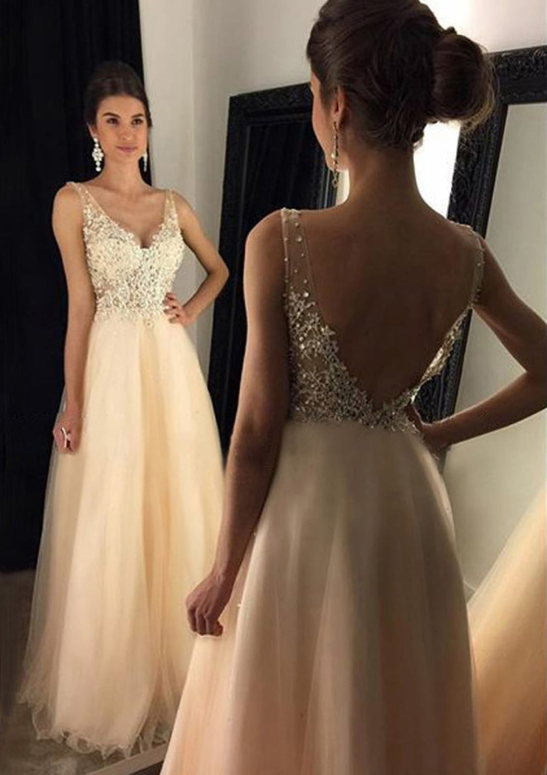 open back champagne dress Champagne Satin Backless Long Prom Dresses, Open Back Champagne Long F Eip Collection