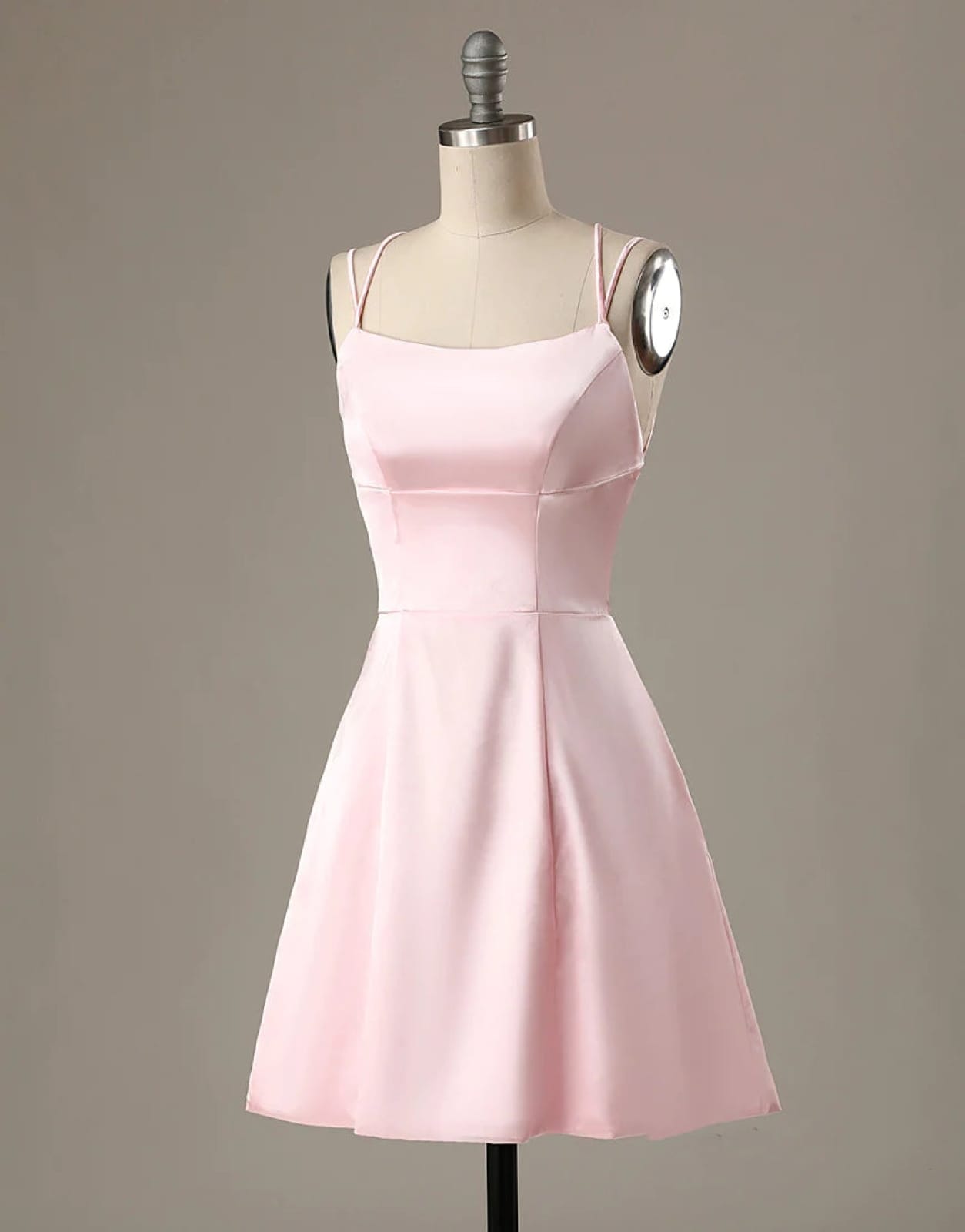 A-Line Pink Satin Double Straps Backless Short Homecoming 