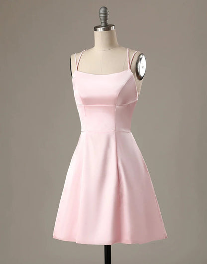 A-Line Pink Satin Double Straps Backless Short Homecoming 