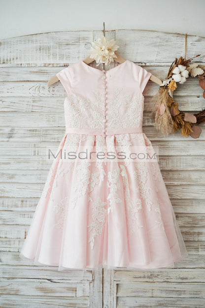 Pink Satin Ivory Tulle Lace Cap Sleeves Wedding Flower Girl Dress with Belt - Flower Girl Dresses
