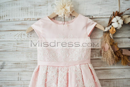 Pink Satin Ivory Tulle Lace Cap Sleeves Wedding Flower Girl Dress with Belt - Flower Girl Dresses