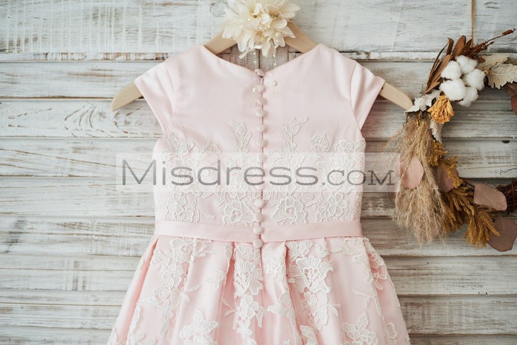 Pink Satin Ivory Tulle Lace Cap Sleeves Wedding Flower Girl Dress with Belt - Flower Girl Dresses