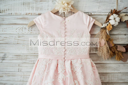 Pink Satin Ivory Tulle Lace Cap Sleeves Wedding Flower Girl Dress with Belt - Flower Girl Dresses