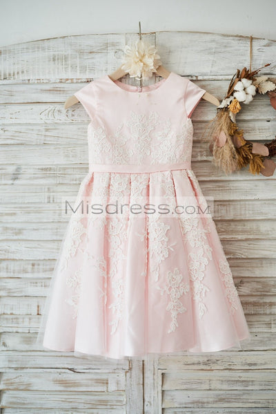 Pink Satin Ivory Tulle Lace Cap Sleeves Wedding Flower Girl Dress with Belt - Flower Girl Dresses