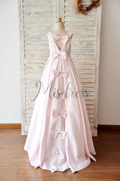 Pink Satin V Back Wedding Flower Girl Dress with Bows - Flower Girl Dresses