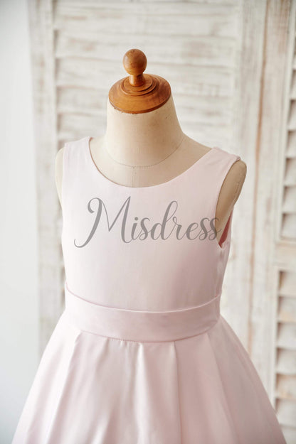 Pink Satin V Back Wedding Flower Girl Dress with Bows - Flower Girl Dresses