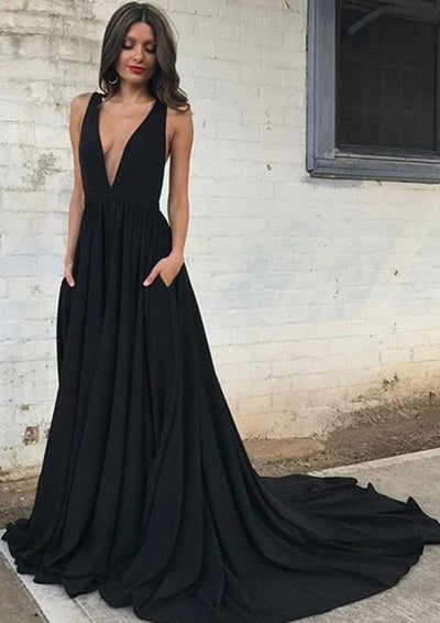 A-line/Princess V Neck Sleeveless Court Train Charmeuse Prom