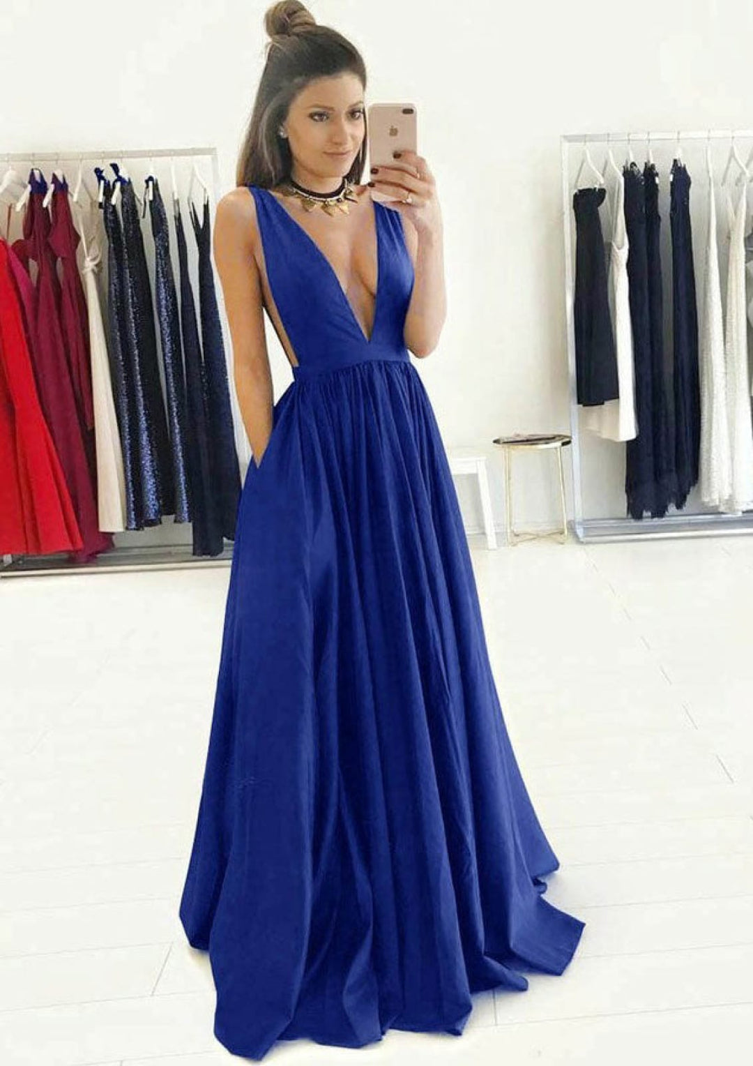 A-line Plunging Sleeveless Floor-Length Charmeuse Royal Blue Prom Dres | Misdress A-line Plunging Sleeveless Floor-Length Charmeuse Royal Blue Prom Dres | Misdress