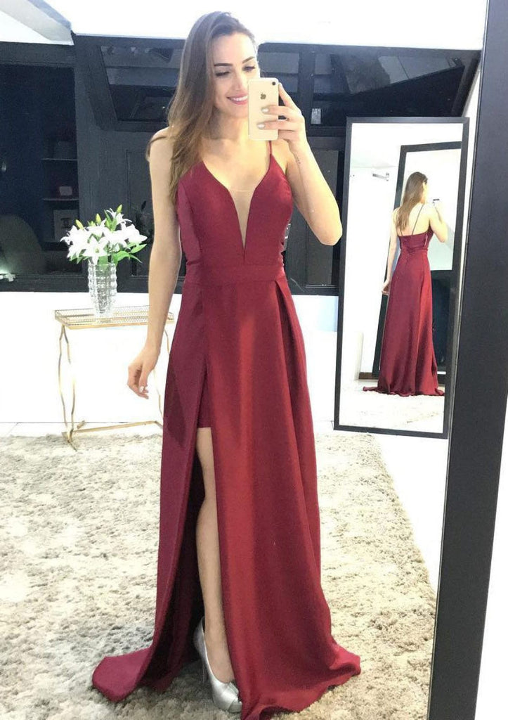 A-line Plunging Straps Sleeveless Sweep Burgundy Satin Prom Dress, Spl
