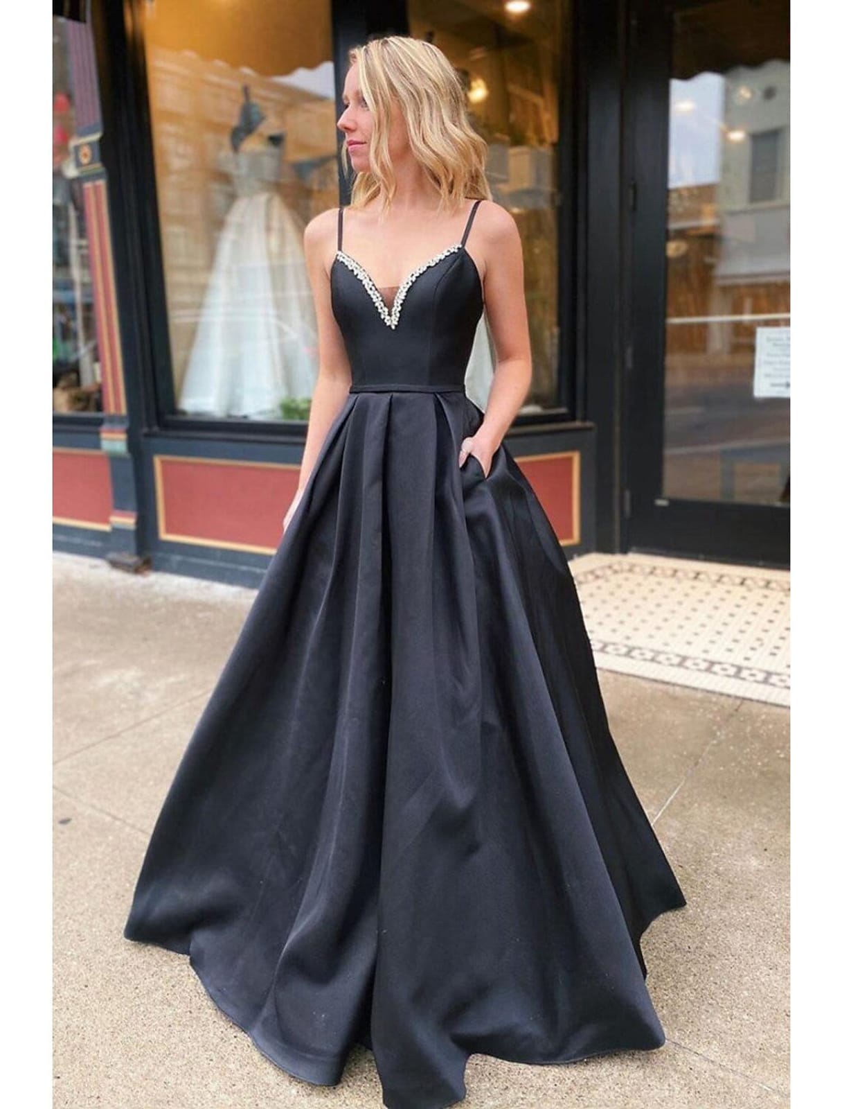 A-Line Prom Dress Lace-up Sleeveless V Neck Black Satin Pleats Beaded, | Misdress A-Line Prom Dress Lace-up Sleeveless V Neck Black Satin Pleats Beaded, | Misdress