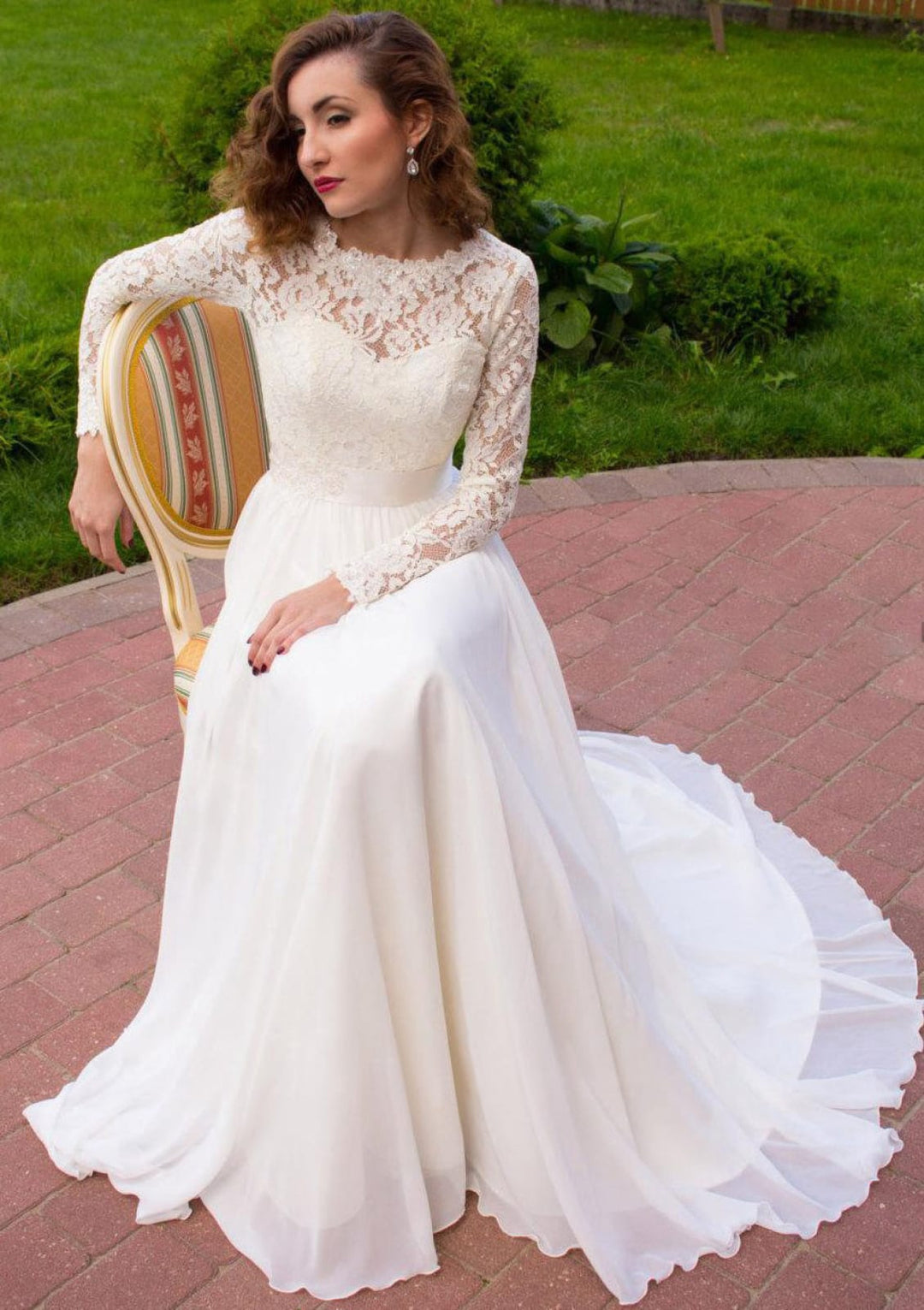 A-line Scalloped Neck Long Sleeve Lace Chiffon Wedding Dress, Sash A-line Scalloped Neck Long Sleeve Lace Chiffon Wedding Dress, Sash