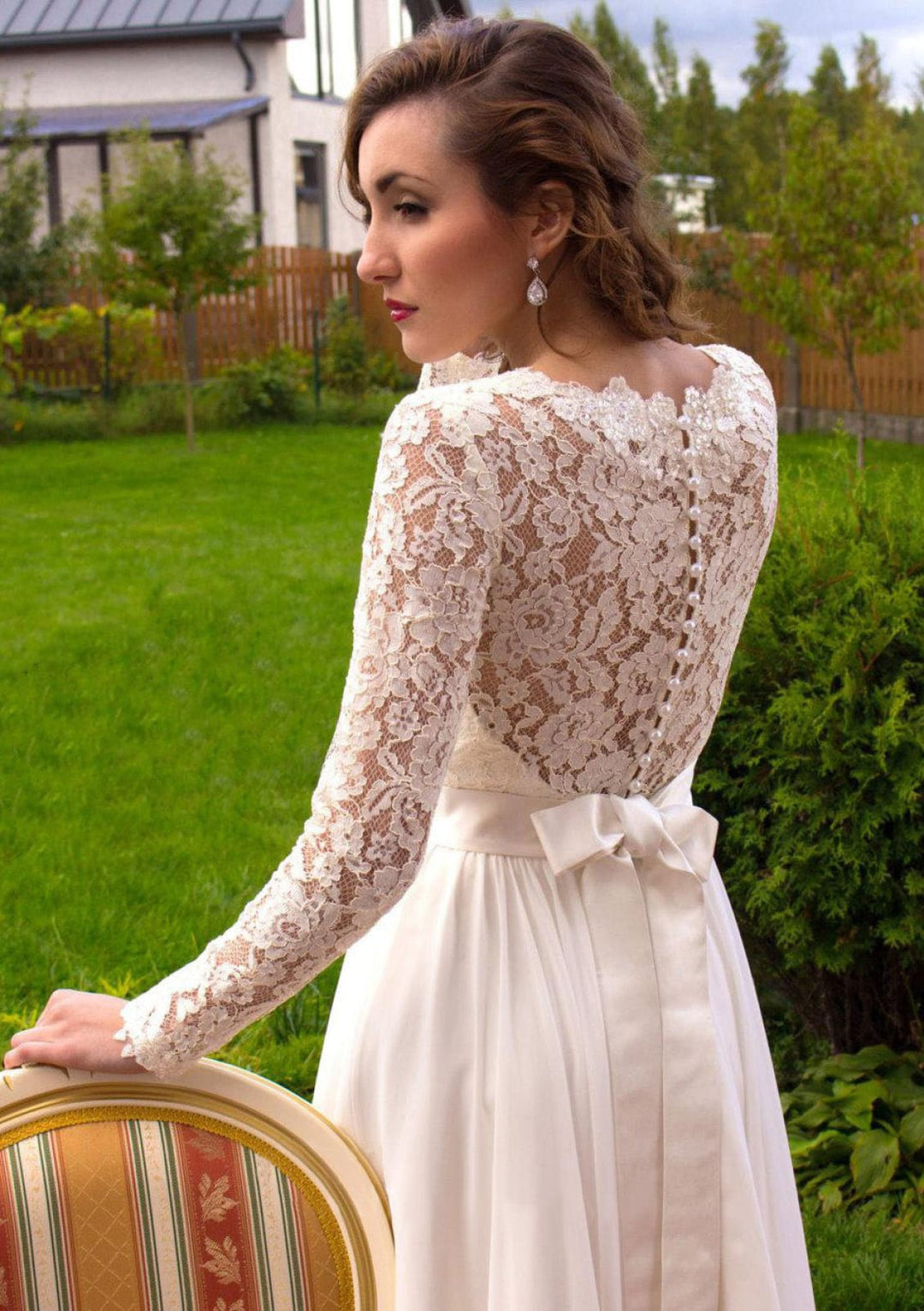 A-Line Scalloped Neck Long Sleeve Lace Chiffon Wedding Dress, Sash A-Line Scalloped Neck Long Sleeve Lace Chiffon Wedding Dress, Sash