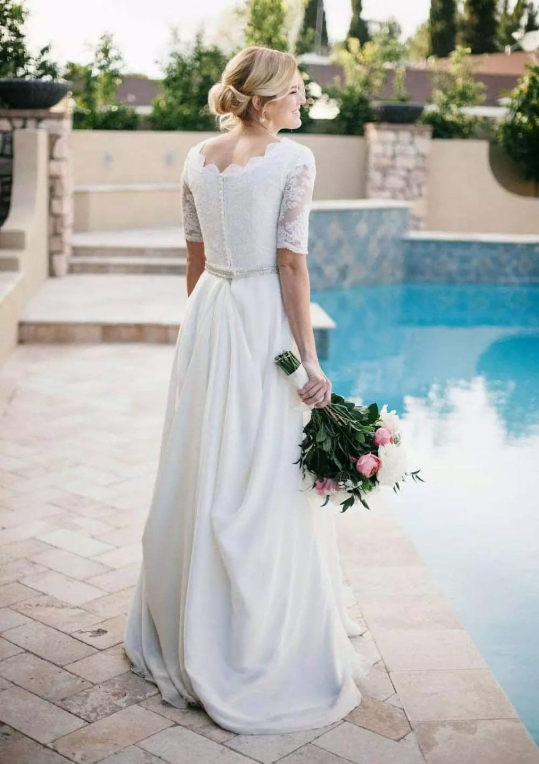 beaded scalloped wedding dress A-Line Neck Satin Dress, Waistband Size:XS- Pls see size chart White Nude Sizes wk45 Off Shoulder Formal Dress