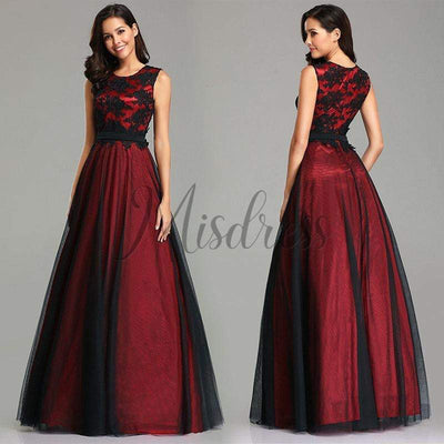 Scoop Neck Lace Tulle Evening Prom Dress - 2 / Burgundy - Prom Dresses
