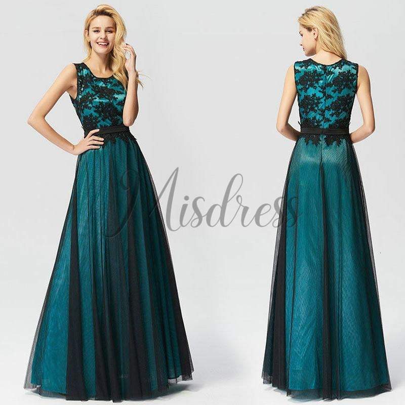 Scoop Neck Lace Tulle Evening Prom Dress - 2 / Dark Green - Prom Dresses