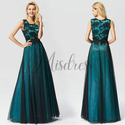 Scoop Neck Lace Tulle Evening Prom Dress - 2 / Dark Green - Prom Dresses