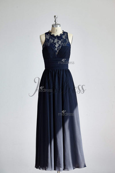 Sheer Neckline Navy Blue Lace Chiffon Long Bridesmaid Dress - Bridesmaid Dresses