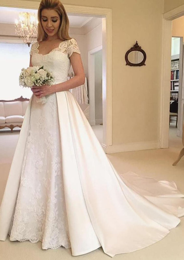 A-Line Short Sleeve Overskirt Lace Satin Wedding Dress, Pleats