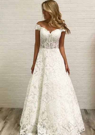A-line Off Shoulder Corset Floor-Length Lace Wedding Dress -