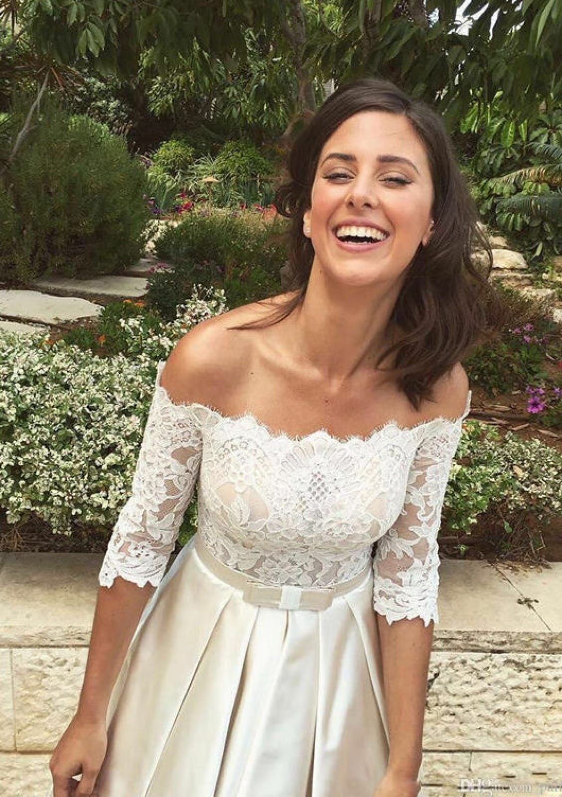 half lace half satin wedding dress Half Sleeve Lace Wedding Dresses Deep V-Neck Chic ZW467 -