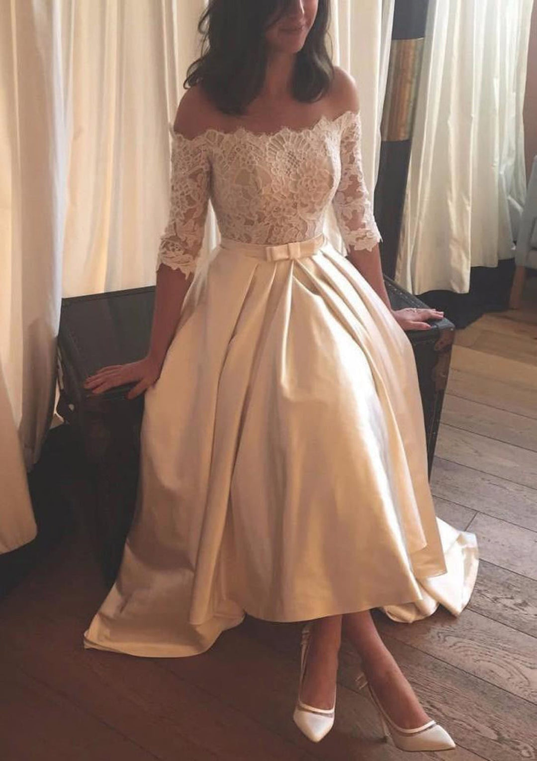 half lace half satin wedding dress Half Sleeve Lace Wedding Dresses Deep V-Neck Chic ZW467 -