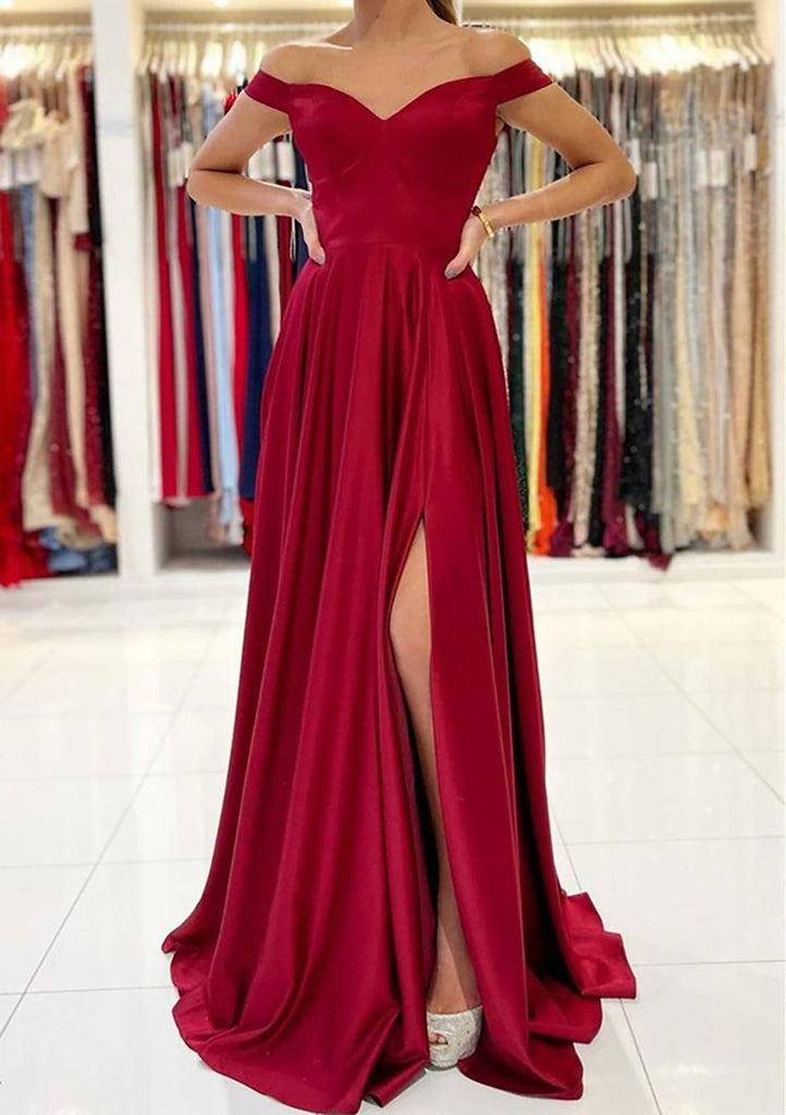 A-Line Off Shoulder Long Burgundy Satin Formal Evening Gown Prom Dress, Split