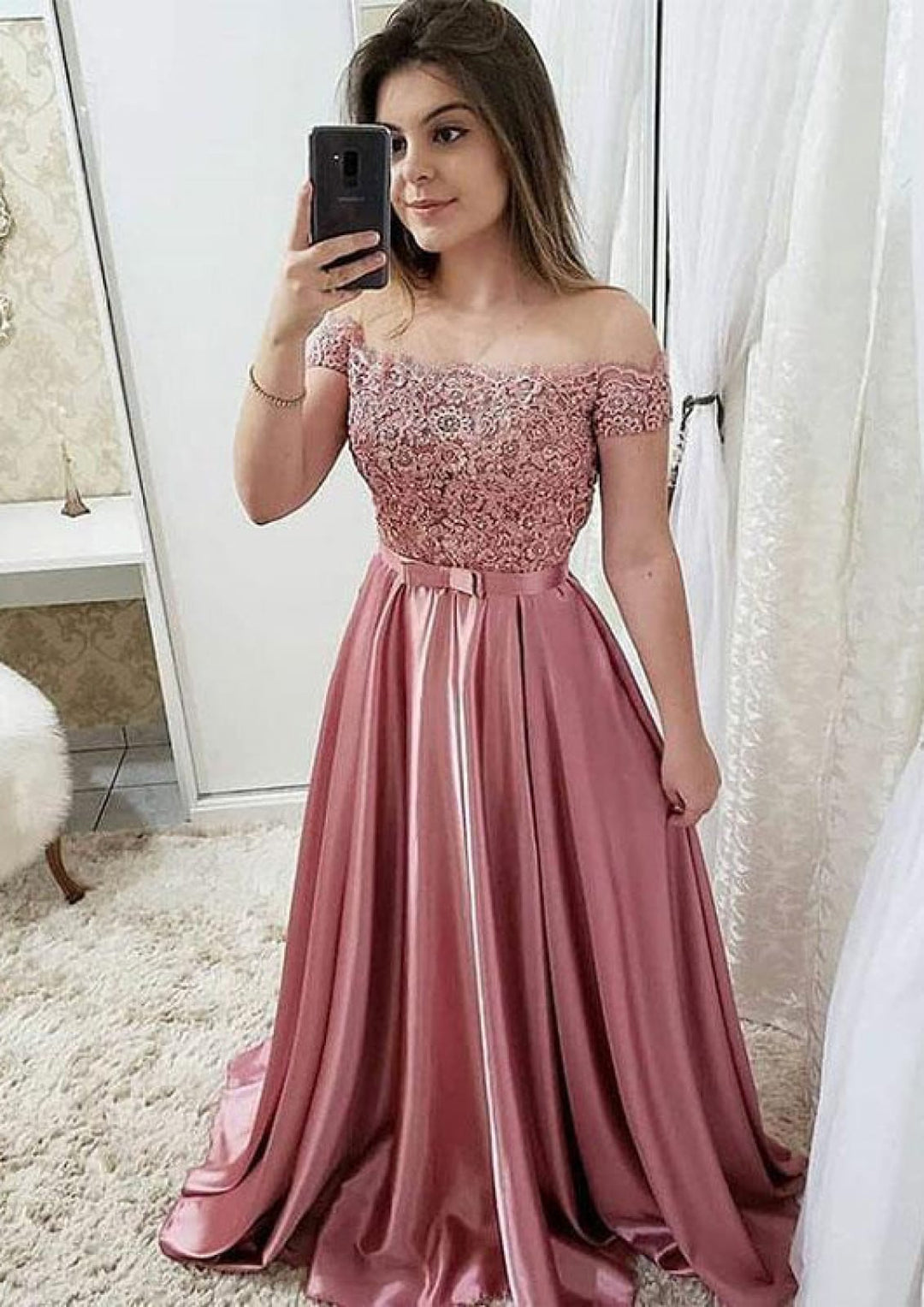 off the shoulder scalloped dress Scalloped Off Shoulder Sheer Long Sleeve Lace Court Wedding Dress
