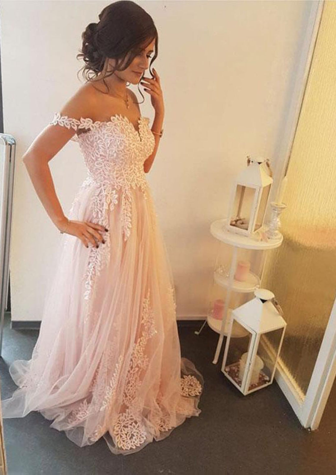 blush party dresses Charming Blush Pink Lace Sexy V-neck Long Sheath Tulle Wedding Party D SposaBridal