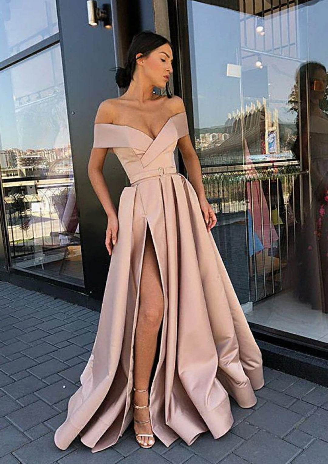 A-line Off Shoulder Surplice Floor-Length Black Satin Slit Prom Dress, | Misdress A-line Off Shoulder Surplice Floor-Length Black Satin Slit Prom Dress, | Misdress
