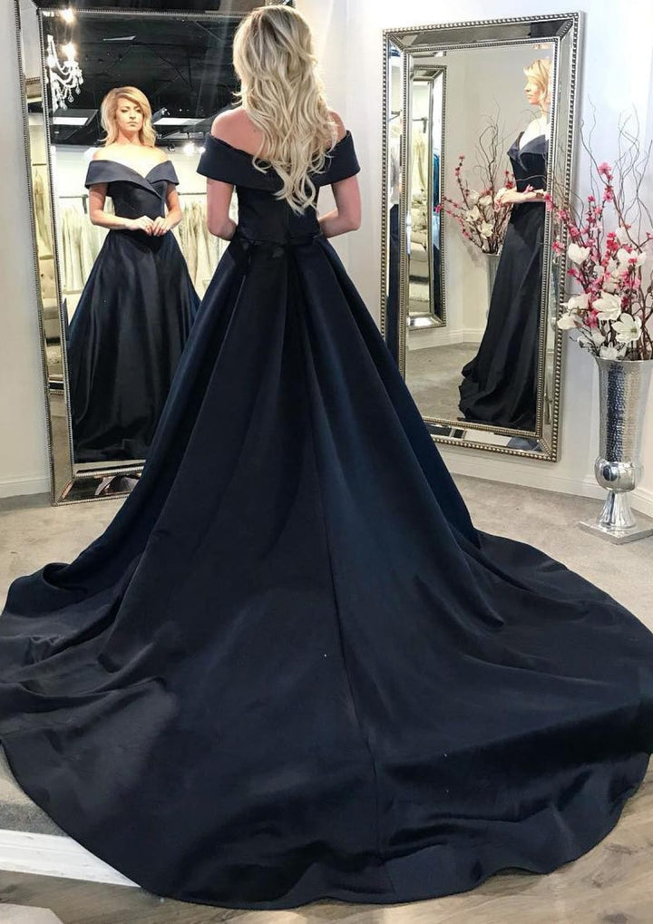 sleeveless formal women's black off the shoulder dress Off Shoulder Mermaid Black Long Prom Dresses with High Slit, Mermaid B –  abcprom main image 1