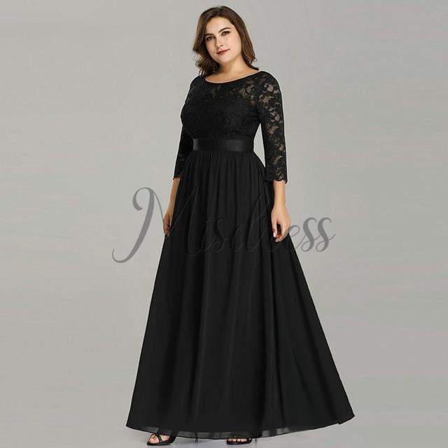 Plus Size V Back Long Sleeves Lace Chiffon Evening Prom Dress - 2 / Black - Prom Dresses