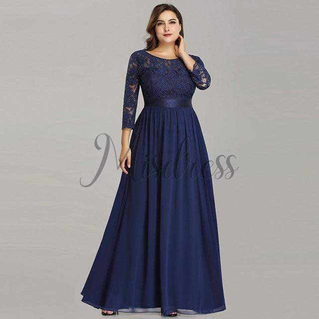 Plus Size V Back Long Sleeves Lace Chiffon Evening Prom Dress - 2 / Navy Blue - Prom Dresses