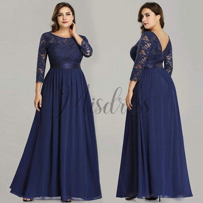 Plus Size V Back Long Sleeves Lace Chiffon Evening Prom Dress - Prom Dresses