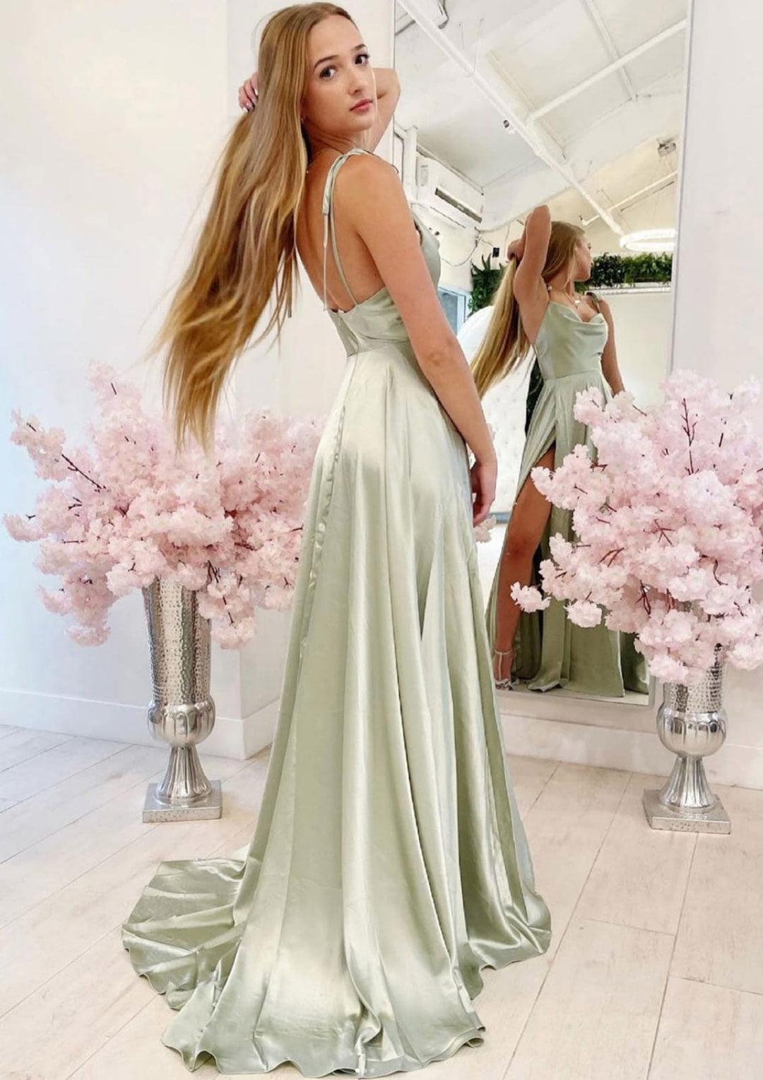A-line Sleeveless Cowl Neck Floor-Length Charmeuse Prom Evening Dress,