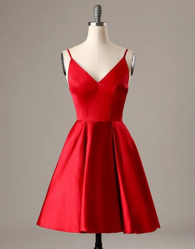 A-Line Spaghetti Straps V Neck Red Satin Homecoming Dress 