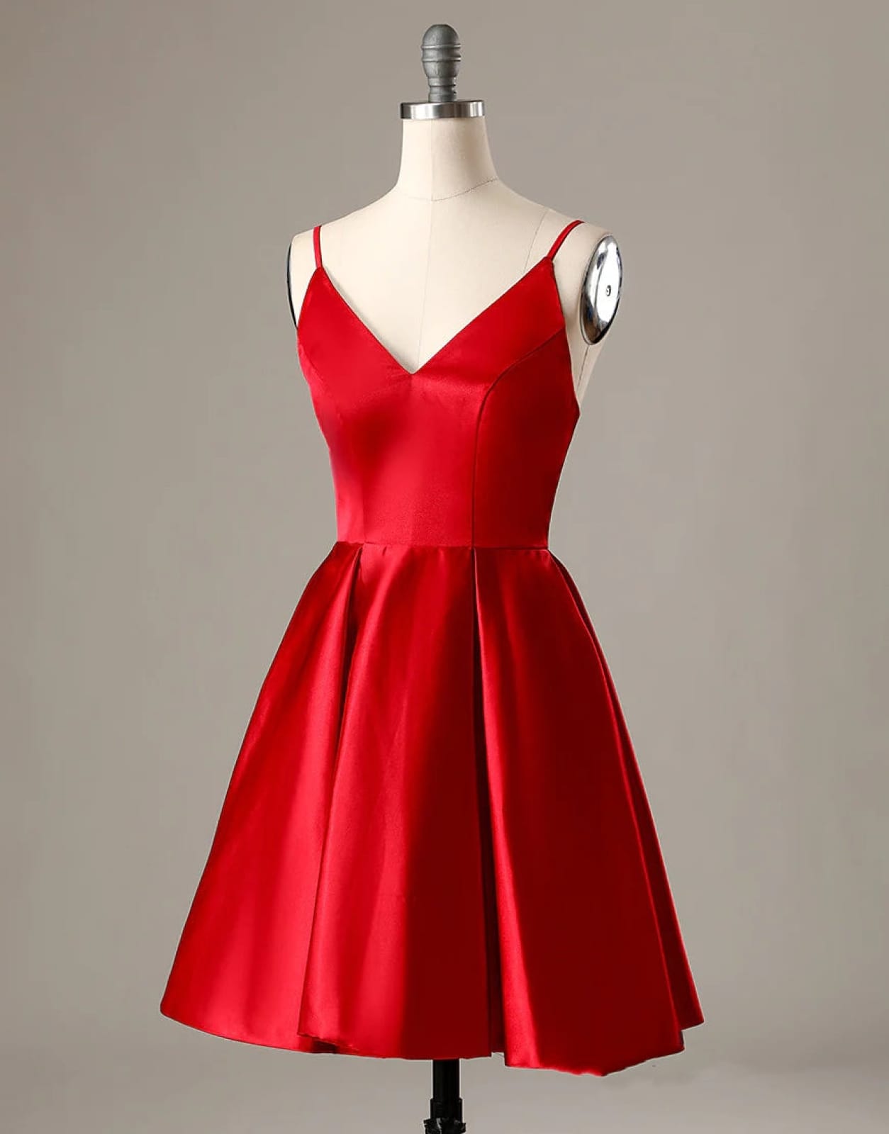 A-Line Spaghetti Straps V Neck Red Satin Homecoming Dress, Pockets Custom Size / Red A-Line Spaghetti Straps V Neck Red Satin Homecoming Dress, Pockets Custom Size / Red