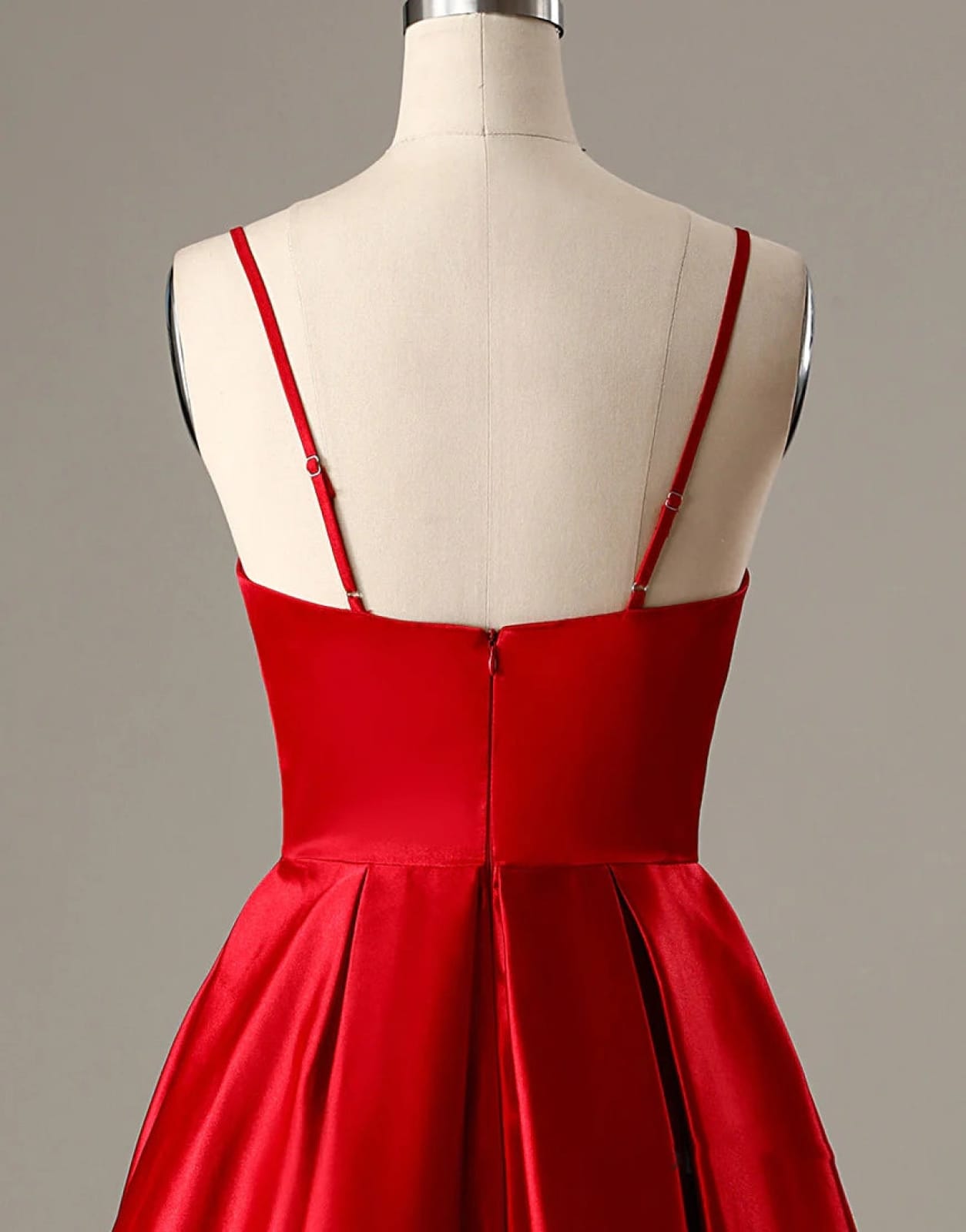 A-Line Spaghetti Straps V Neck Red Satin Homecoming Dress, Pockets Custom Size / Red A-Line Spaghetti Straps V Neck Red Satin Homecoming Dress, Pockets Custom Size / Red