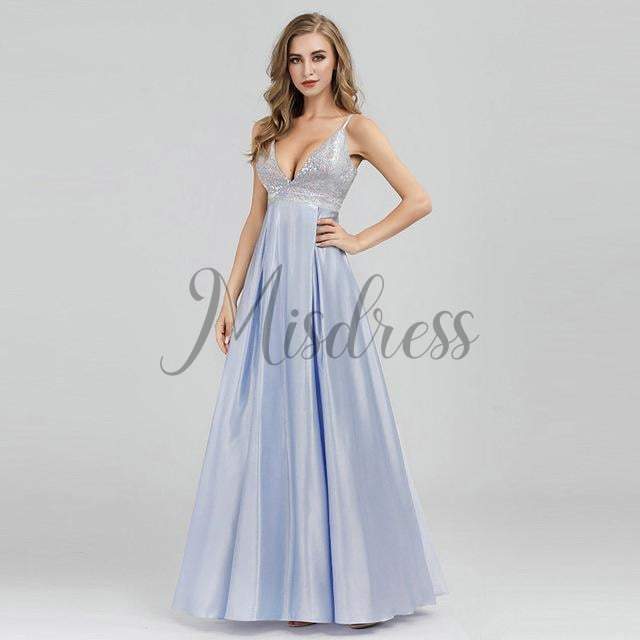 Spaghetti Straps V Neck Sequin Satin Evening Prom Dress - 2 / Blue - Prom Dresses